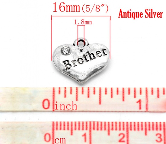 Bild von Zinklegierung Charm Anhänger Herz Antiksilber Message " Brother " mit Weiß Strass 16mm x 14mm, 20 Stück