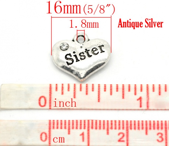 Image de Breloques en Alliage de Zinc Cœur Argent Vieilli Gravé Mots " Sister " à Strass Blanc 16mm x 14mm, 20 Pcs