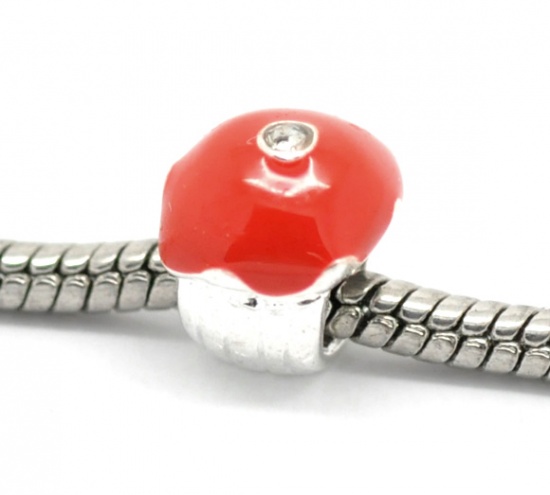 Picture of Zinc Metal Alloy European Style Large Hole Charm Beads Mushroom Silver Plated Red Enamel Clear Rhinestone 11x11mm(3/8"x3/8"), 20 PCs