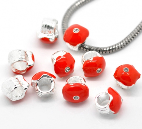 Picture of Zinc Metal Alloy European Style Large Hole Charm Beads Mushroom Silver Plated Red Enamel Clear Rhinestone 11x11mm(3/8"x3/8"), 20 PCs