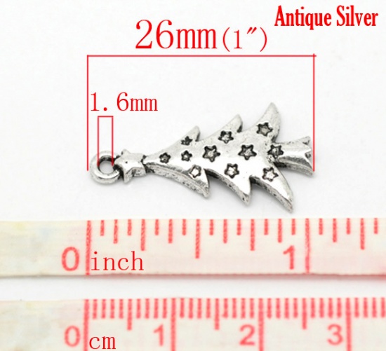 Picture of Antique Silver Color Christmas Tree Charms Pendants 26x14mm(1"x1/2"), sold per packet of 50