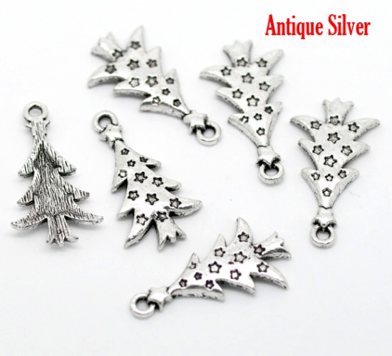Picture of Antique Silver Color Christmas Tree Charms Pendants 26x14mm(1"x1/2"), sold per packet of 50