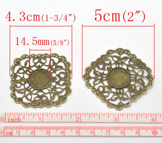 Picture of Iron Based Alloy Filigree Stamping Embellishments Findings Square Antique Bronze Cabochon Settings (Fit 14.5mm Dia.) Flower Hollow Carved 4.5cm(1 6/8") x 4.3cm(1 6/8"), 30 PCs