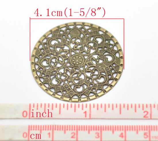 Picture of Antique Bronze Filigree Stamping Round Wraps Connectors 4.1cm(1-5/8"), sold per packet of 50