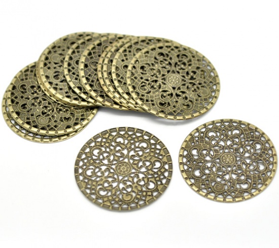 Picture of Antique Bronze Filigree Stamping Round Wraps Connectors 4.1cm(1-5/8"), sold per packet of 50