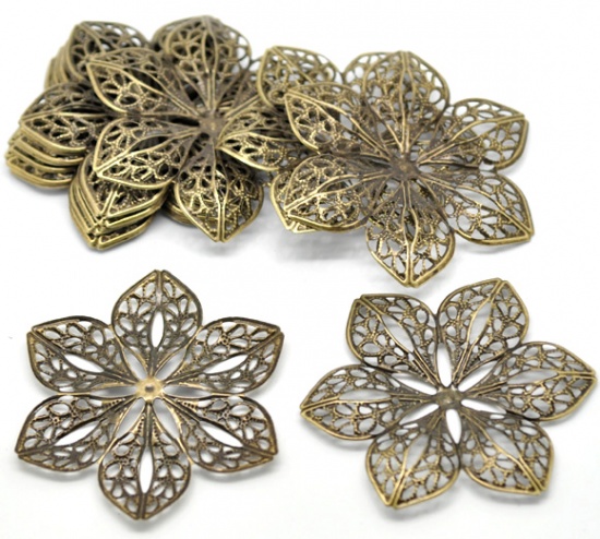 Picture of Filigree Stamping Embellishments Findings Flower Antique Bronze Flower Hollow Pattern 6cm(2 3/8") x 5.3cm(2 1/8"), 300 PCs