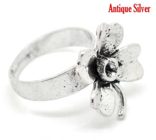 Picture of Zinc Based Alloy Adjustable Rings Antique Silver Flower (Can Hold ss12 Pointed Back Rhinestone) 18.3mm(3/4")(US Size 8), 10 PCs