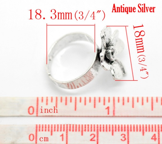 亜鉛合金+合金 アジャスタブル リング フラワー 銀古美 18.3mm (US)、 10 PCs の画像