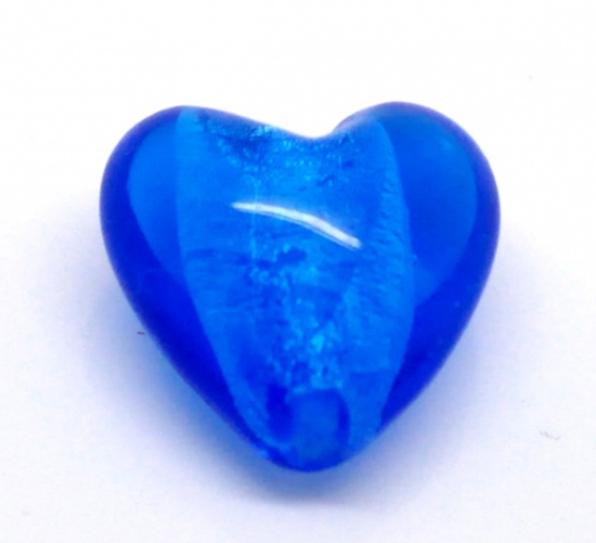 Picture of Lampwork Glass Loose Beads Heart Blue Foil About 20mm x 20mm, Hole: Approx 2.4mm, 10 PCs