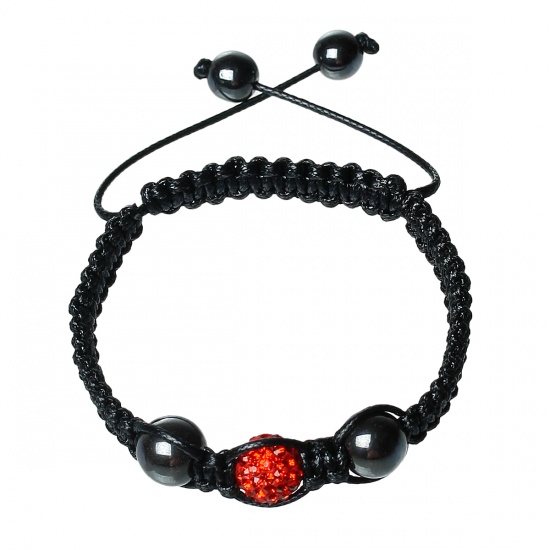 Picture of Pave Orange-red Rhinestone Beads & Hematite Beads & Black Braiding Adjustable Bracelet 18cm(7 1/8") long, 1 PC