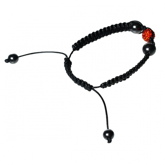 Picture of Pave Orange-red Rhinestone Beads & Hematite Beads & Black Braiding Adjustable Bracelet 18cm(7 1/8") long, 1 PC