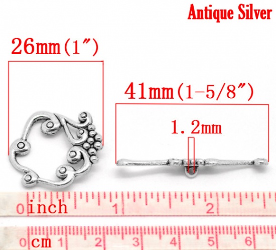 Picture of Zinc Based Alloy Toggle Clasps Grape Vine Antique Silver Color 41mm x 5mm 26mm x 24mm, 10 Sets