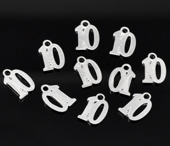 Picture of Silver Plated Number Age "10" Charm Pendants 14x10mm(1/2"x3/8"),sold per packet of 50