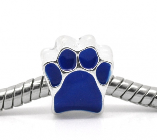 Picture of Zinc Metal Alloy European Style Large Hole Charm Beads Bear's Paw Silver Plated Dark Blue Enamel About 11mm x 10mm, Hole: Approx 4.5mm, 10 PCs
