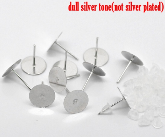 Picture of Iron Based Alloy Ear Post Stud Earrings Findings Round Silver Tone 12mm x 10mm, Post/ Wire Size: (20 gauge), 300 PCs
