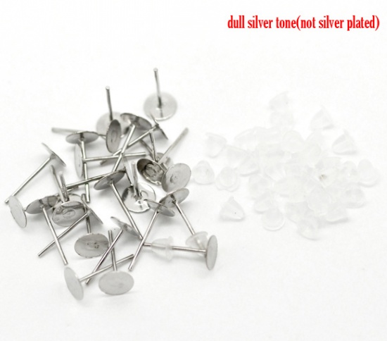 Picture of Iron Based Alloy Ear Post Stud Earrings Findings Round Silver Tone 12mm( 4/8") x 6mm( 2/8"), Post/ Wire Size: (20 gauge), 500 PCs