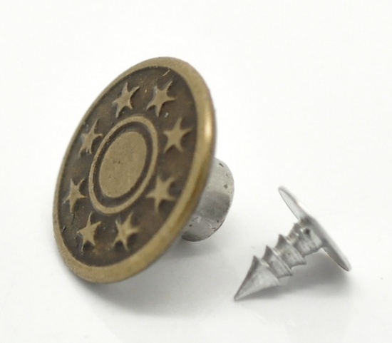 Picture of Zinc Based Alloy Metal Jeans Tack Buttons Round Antique Bronze Pentagram Star Carved 17mm x8mm( 5/8" x 3/8") 8mm x8mm( 3/8" x 3/8"), 50 Sets