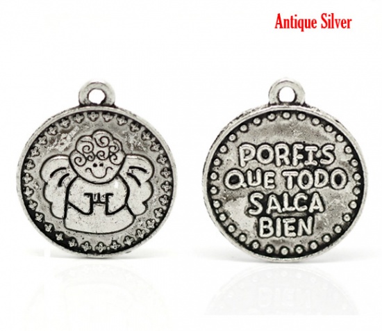 Picture of Zinc Based Alloy Charms Spanish Boy Angel Antique Silver Color Message " porfis que todo salga bien " Carved 22x19mm(7/8"x3/4"), 30 PCs
