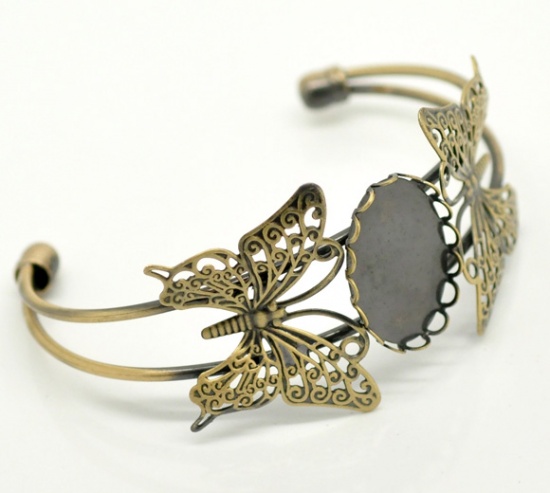 Picture of 4 PCs Brass Cabochon Settings Open Cuff Bangles Bracelets Findings Butterfly Animal Antique Bronze 15cm(5 7/8") long