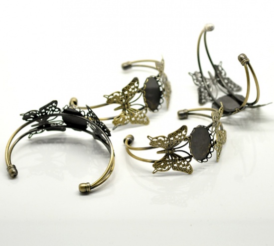 Picture of 4 PCs Brass Cabochon Settings Open Cuff Bangles Bracelets Findings Butterfly Animal Antique Bronze 15cm(5 7/8") long