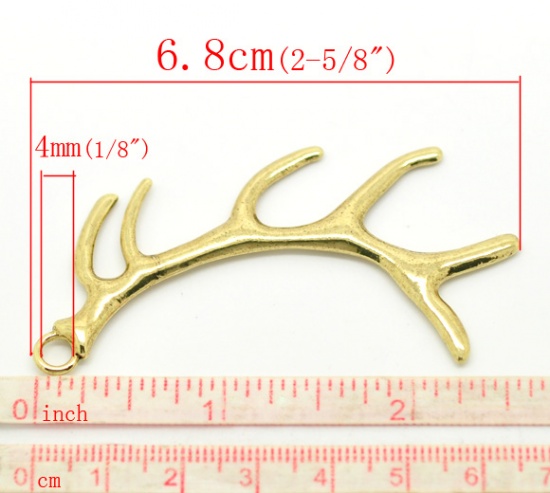 Picture of Gold Tone Antique Gold Antler Charm Pendants 6.8x3.3cm(2-5/8"x1-1/4"), sold per packet of 10