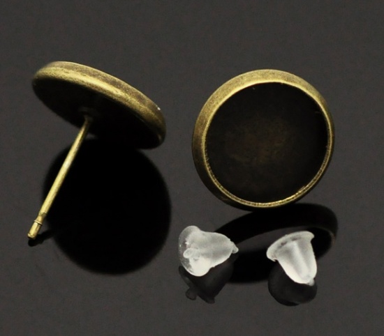 Bild von Zinklegierung Ohrring Rund Bronzefarbe für Cabochon (für 10mm D.) 14mm x 12mm, Drahtstärke: (20 gauge), 300 Stück