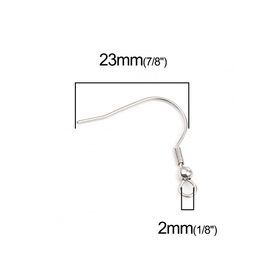 Picture of 304 Stainless Steel Ear Wire Hooks Earring Silver Tone W/ Loop 23mm x 22mm, Post/ Wire Size: (21 gauge), 100 PCs