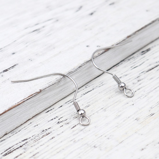 Picture of 304 Stainless Steel Ear Wire Hooks Earring Silver Tone W/ Loop 23mm x 22mm, Post/ Wire Size: (21 gauge), 100 PCs