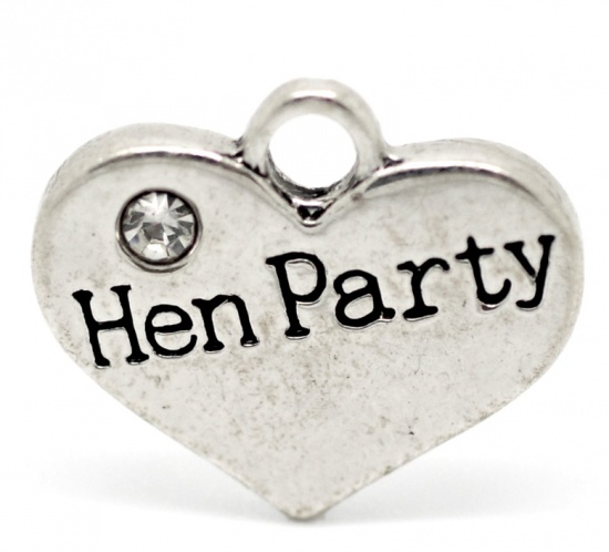 Picture of Zinc Based Alloy Charms Heart Antique Silver Message "Hen Party" Carved Clear Rhinestone 16mm( 5/8") x 14mm( 4/8"), 20 PCs