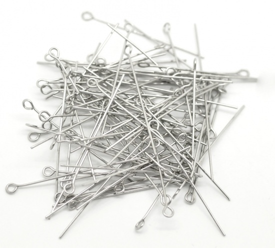 Picture of 304 Stainless Steel Eye Pins Silver Tone 4cm(1 5/8") long, 0.7mm (21 gauge), 200 PCs