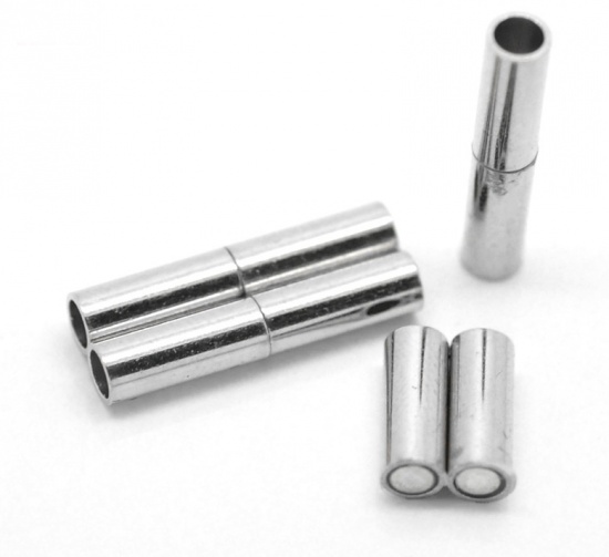 Picture of Brass Magnetic Clasps Cylinder Silver Tone 18mm( 6/8") x 3mm( 1/8"), 20 Sets                                                                                                                                                                                  