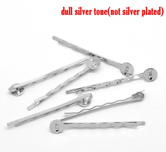 Picture of Iron Based Alloy Bobby Pins Hair Grips Clips Round Silver Tone Ripple Pattern Cabochon Setting (Fits 8mm Dia.) 5cm x 0.8cm, 50 PCs