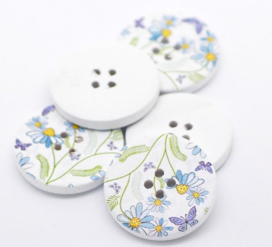 Picture of Wood Sewing Buttons Scrapbooking 4 Holes Round Multicolor Flower Butterfly Pattern 30mm(1 1/8") Dia, 30 PCs