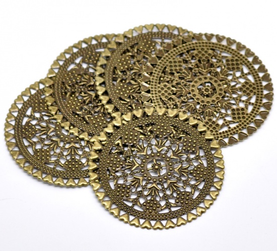 Picture of 20PCs Antique Bronze Filigree Stamping Round Wraps Connectors Embellishments Findings 6cm(2-3/8")