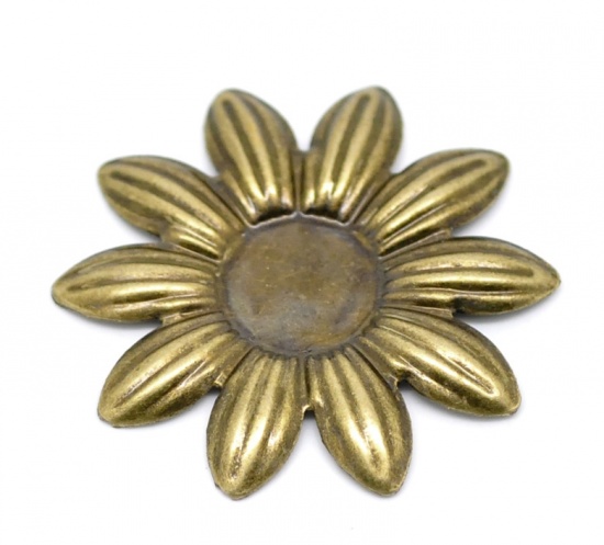 Bild von Eisen(Legierung) Verzierung Embellishments Gänseblümchen Blumen Bronzefarbe Cabochon Fassung für 12 mm D Cabochon gestreift 3.6cm x 3.6cm, 50 Stück