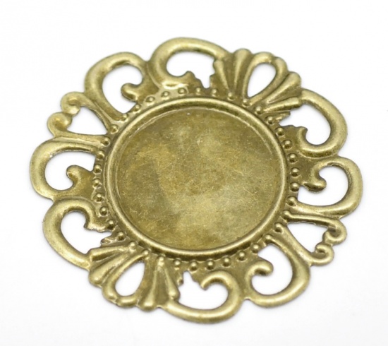 Picture of Iron Based Alloy Filigree Stamping Embellishments Findings Flower Antique Bronze Cabochon Settings (Fit 18mm Dia.) Flower Hollow Carved 3.6cm x3.6cm(1 3/8" x1 3/8"), 50 PCs