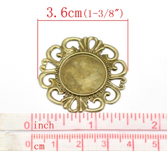 Image de Cabochons d'Embellissement Estampe en Filigrane Creux en Alliage de Fer Rond Fleurs Bronze Antique à Cabochon 18mm Dia, 3.6cm x 3.6cm, 50 Pcs