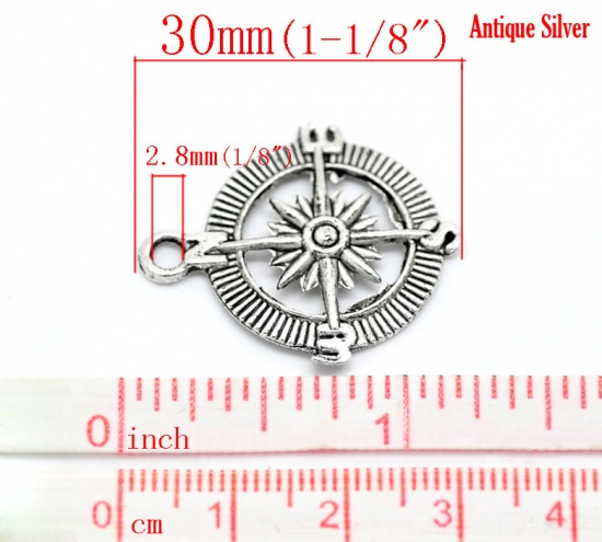 Picture of Zinc Based Alloy Pendants Travel Compass Antique Silver Color 30mm(1 1/8") x 25mm(1"), 20 PCs