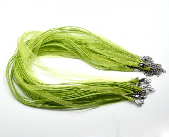 Picture of Organza Ribbon & Wax Cord Necklace Green 43cm(16 7/8") long, 20 PCs