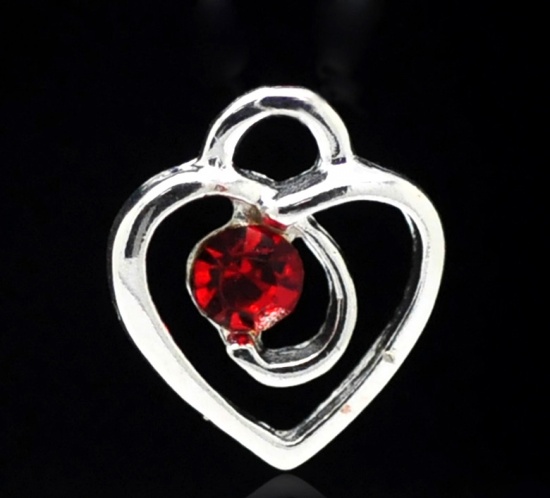 Picture of 20PCs Silver Plated Red Rhinestone Love Heart Charm Pendants 13x12mm(1/2"x1/2")