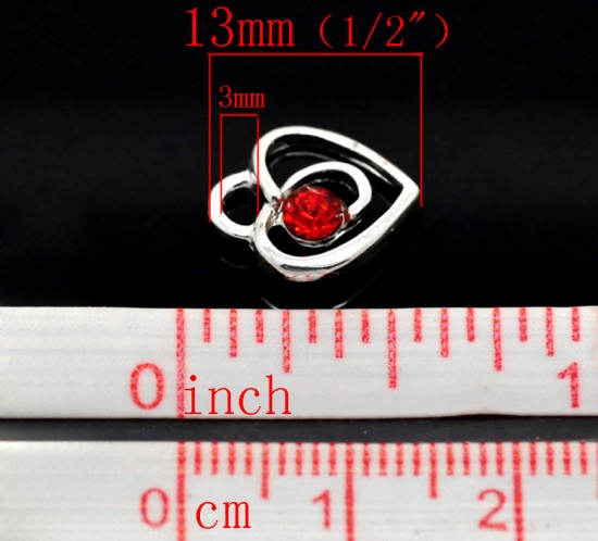 Picture of 20PCs Silver Plated Red Rhinestone Love Heart Charm Pendants 13x12mm(1/2"x1/2")