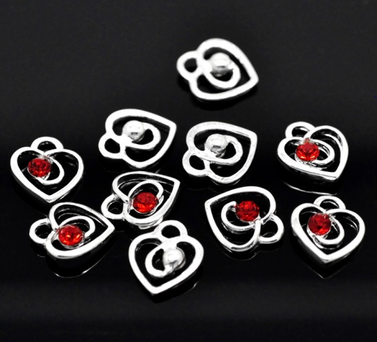 Picture of 20PCs Silver Plated Red Rhinestone Love Heart Charm Pendants 13x12mm(1/2"x1/2")