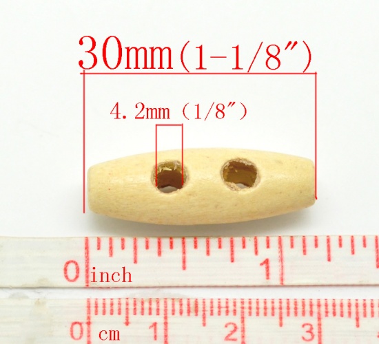 Picture of Natural Wood Sewing Toggle Buttons 2 Holes Oval 30mm(1 1/8") x 10mm( 3/8"), 100 PCs