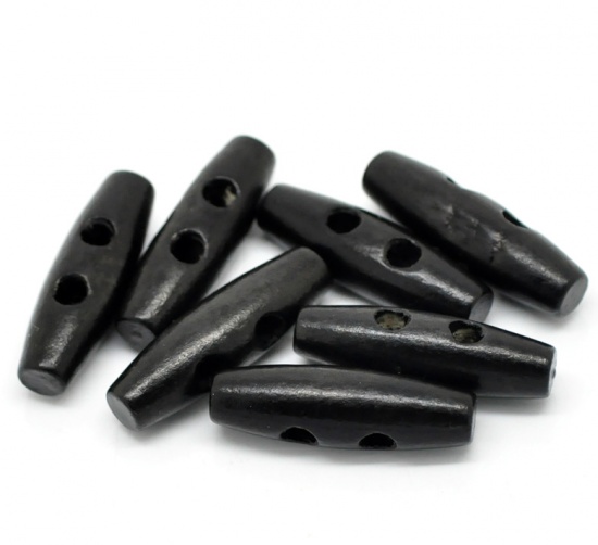 Picture of Wood Sewing Toggle Buttons 2 Holes Oval Black 35mm(1 3/8") x 11mm( 3/8"), 1000 PCs