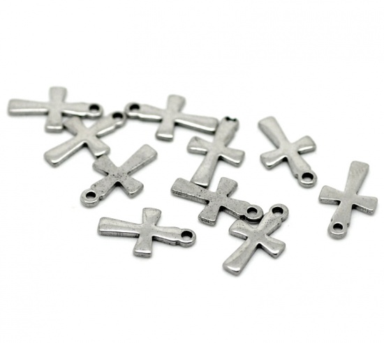 Picture of 304 Stainless Steel Easter Charms Cross Silver Tone 12mm x 7mm( 4/8"x 2/8"), 50 PCs 