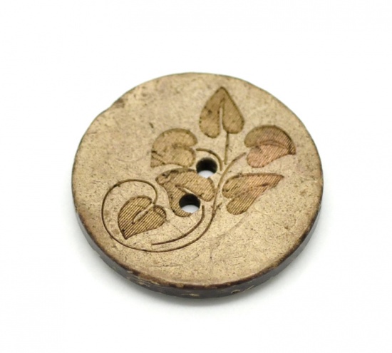 Picture of Coconut Shell Sewing Buttons Scrapbooking 2 Holes Round Brown Leaf Pattern 28mm(1 1/8") Dia, 30 PCs