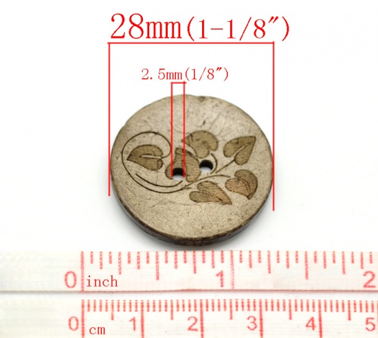 Picture of Coconut Shell Sewing Buttons Scrapbooking 2 Holes Round Brown Leaf Pattern 28mm(1 1/8") Dia, 30 PCs