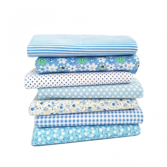 Picture of Light Blue - Printed Cotton Sewing Quilting Fabrics Floral Stripes Grids Polka Dots Cloth for Patchwork DIY Handmade Cloth 25x25cm 7pcs
