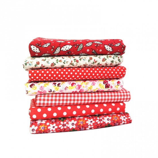 Immagine di Red - Printed Cotton Sewing Quilting Fabrics Floral Stripes Grids Polka Dots Cloth for Patchwork DIY Handmade Cloth 25x25cm 7pcs