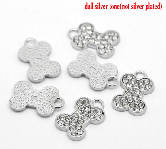 Immagine di Lega + Strass Charm Ciondoli Osso Tono Argento Nulla Disegno Bianco Strass 21.0mm x 14.0mm, 10 Pz